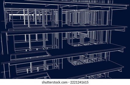 under construction civil frame structure architecture 3D illustration line blueprint
