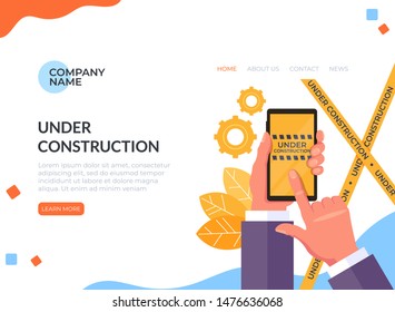 Under construction coming soon on phone concept. Vector flat cartoon graphic design illustration