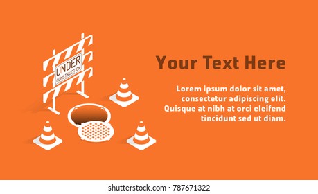 Under construction concept with barricade, manhole and traffic cones in orange and white tones. Isometric template with sample text svg