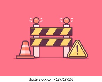 Under construction concept. Construction barrier, warning sign and traffic cone vector illustration in mono line art style