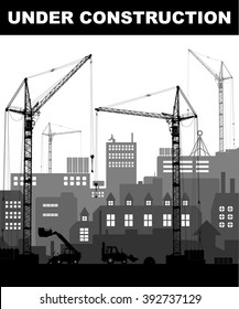 "Under construction" concept at building site in the city with detailed silhouettes of construction machines on white background. Vector illustration