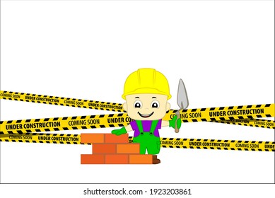 Under Construction Concept with cute  bricklayer masonry worker with helmet and trowel putty knife  . flat design vector illustration