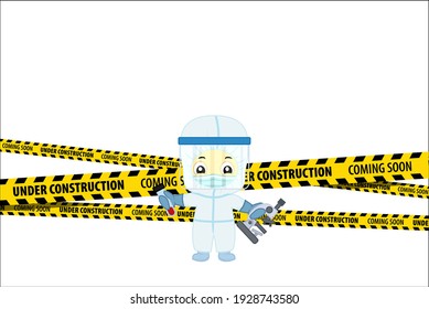 Under Construction Concept with  doctor in virus protection suit with laboratory tube and microscope. Flat design vector illustration
