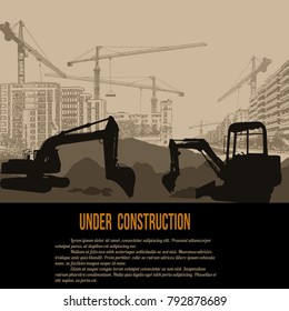 Under construction concept with excavator, buildings and cranes, vector illustration 