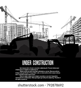 Under construction concept with excavator, buildings and cranes, vector illustration 