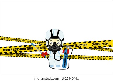 Under Construction Concept with medical scientist in hazmat suits cleaning and disinfecting coronavirus epidemic MERS-CoV . Flat design vector illustration