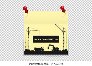 Under construction concept on yellow office paper sticker on red pins with shadow isolated. Vector illustration