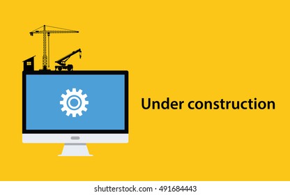under construction concept with pc computer monitor gear icon crane construct and yellow background