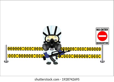 Under Construction Concept with  soldier in virus protection suit with gas mask and assault rifle. Flat design vector illustration