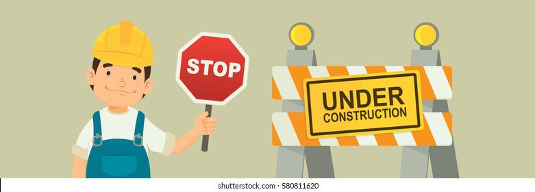 Under Construction Concept with worker hold stop sign. flat design vector illustration 