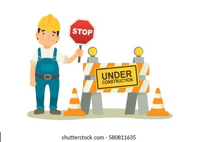 Under Construction Concept with worker hold stop sign. flat design vector illustration isolate on white background
