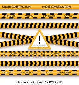 Under construction danger tapes. Seamless constructions  stop tape lines (do not cross) set, yellow vector security restricted ribbons template pattern, caution, warning about danger, risk, hazard