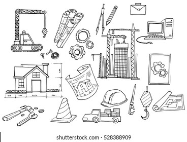 Under Construction Design Element,Hand-drawn cartoon industry icon set. Doodle drawing. Vector illustration. 