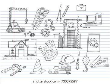 Under Construction Design Element,Hand-drawn cartoon industry icon set. Doodle drawing.  on lined notebook paper Vector illustration. 