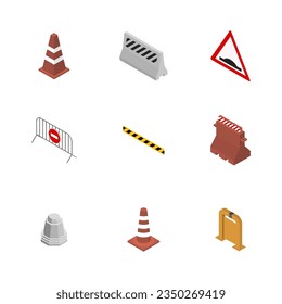 Under construction design elements. Set of different signs road repairs, isolated on white background. Flat isometric style, 3D vector illustration.