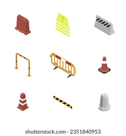 Under construction design elements. Set of different signs road repairs, isolated on white background. Flat isometric style, 3D vector illustration.