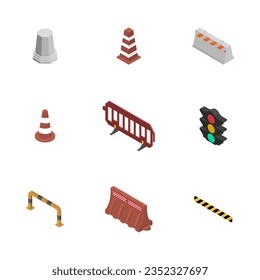 Under construction design elements. Set of different signs road repairs, isolated on white background. Flat isometric style, 3D vector illustration.