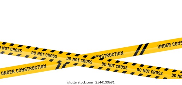 Under construction do not cross tape background. Road, sign, worksite, hazard area, sign for road, caution ribbon banner for construction. Vector illustration on transparent PNG background.