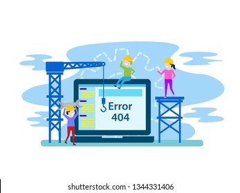 Under Construction Error Page 404 Tiny People Character Concept Vector Illustration, Suitable For Wallpaper, Banner, Background, Card, Book Illustration, Web Landing Page, and Other Related Creative