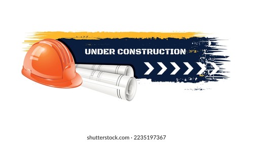 Under construction grunge banner with maintenance line text and realistic icons vector illustration
