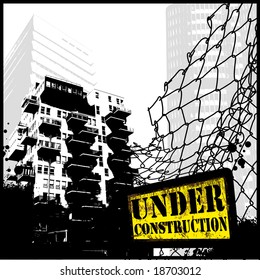 under construction - grungy illustration of a cityscape with fence and warning sign