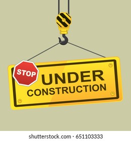 Under Construction Hanging hook Concept with stop sign. flat design vector illustration