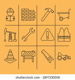 under construction icon set over yellow background, line style, vector illustration