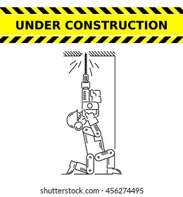 Under Construction Icon. Worker drills logo. Isolated white sign black background. Vector illustration. Usable for web, infographic and print
