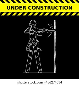 Under Construction Icon. Worker Drills Logo. Isolated White Sign Black Background. Vector Illustration. Usable For Web, Infographic And Print