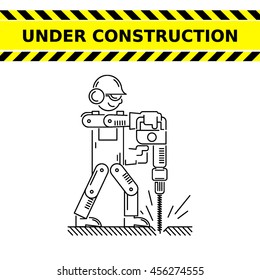 Under Construction Icon. Worker drills logo. Isolated white sign black background. Vector illustration. Usable for web, infographic and print