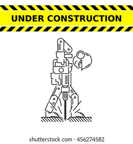 Under Construction Icon. Worker drills logo. Isolated white sign black background. Vector illustration. Usable for web, infographic and print