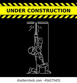 Under Construction Icon. Worker drills logo. Isolated white sign black background. Vector illustration. Usable for web, infographic and print