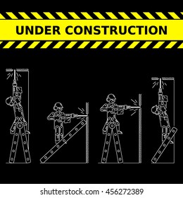 Under Construction Icons set. Worker drills logo collection. Isolated white sign black background. Vector illustration. Usable for web, infographic and print