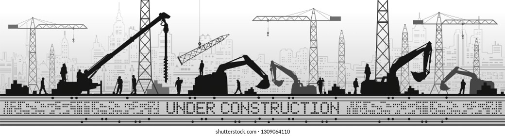 Under Construction illustration. Buildings panorama, industrial landscape, Constructional cranes and excavators, urban scene. People working. Vector lines design art