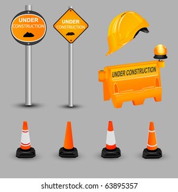 Under construction items set isolated on black background. Vector illustration