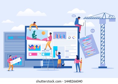 Under construction landing page. Professional team working on the project with teamwork. Maintenance page, 404 error, UI, mobile application concept vector illustration.