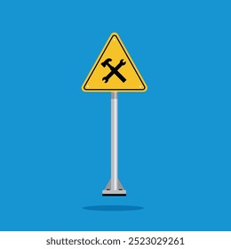 En construcción en una ubicación, llave inglesa y pulmón en el signo del triángulo amarillo. Adecuado para carteles e iconos web