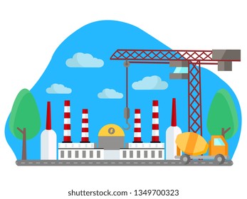Under Construction or maintenance, workers are building an apartment with a crane and truck, teamwork, service vector flat illustration