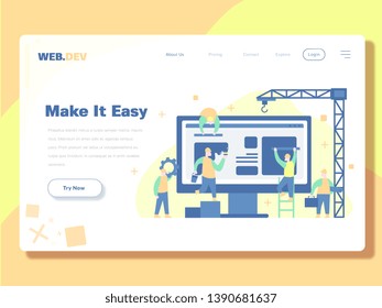 Under Construction or maintenance, workers are building an apartment with a crane and truck, teamwork, service vector flat illustration