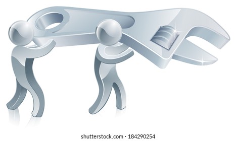 Under construction men illustration of two figures holding a giant wrench or spanner