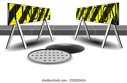 Under construction and open sewer and orange white cone vector