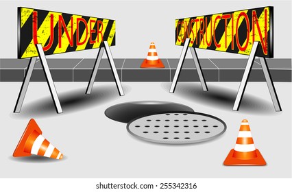 Under construction and open sewer and orange white cone vector