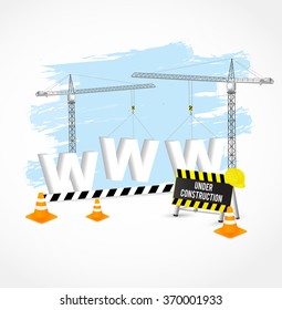 Under construction page with cranes, cones and white www sign. Vector illustration.