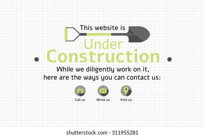 Under construction page for an upcoming website, with three contact icon buttons.