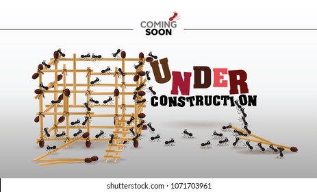 Under construction page, vector illustration of ants is building a building. Coming soon template