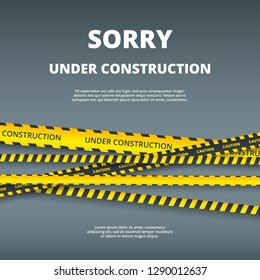 Under construction page. Web site design template with attention danger stripes security type vector ui template