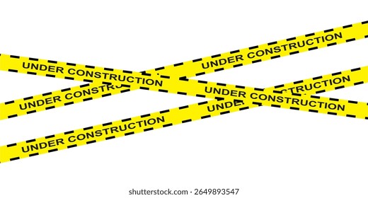 Em construção página com fita adesiva amarela e linhas de aviso pretas. Design de borda de risco de construção, ideal para manutenção da web, alertas, faixas de aviso de segurança Ilustração de vetor em eps 10. 