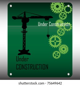 Under construction plate with crane and cogwheels. Maintenance concept