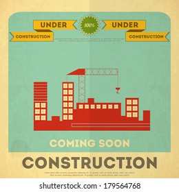 Sob construção Poster Design em estilo retrô. Conceito de edifício.  Ilustração de vetor.