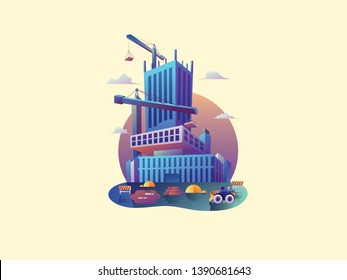 Under Construction Real estate or maintenance, workers are building an apartment with a crane and truck, teamwork, service vector flat illustration 